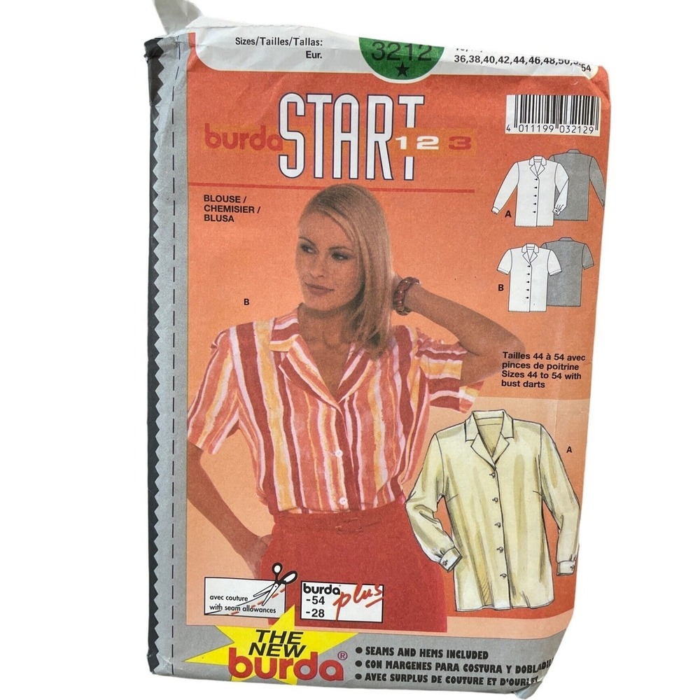 Burda Sewing Pattern 3212 Shirt Top Blouse Short Long‎ Sleeve Size 10-28